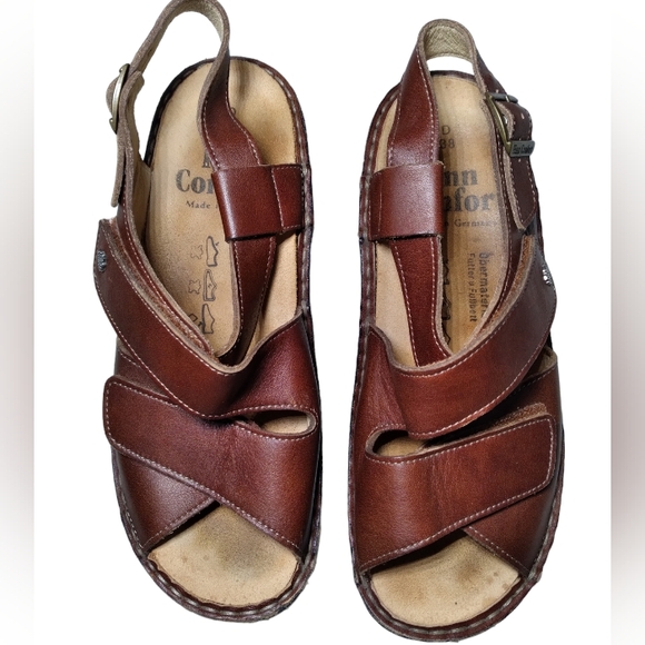 Finn Comfort Sandals Red Leather Slingback Low Wedge Adjustable Peep Size 38 - Picture 7 of 14